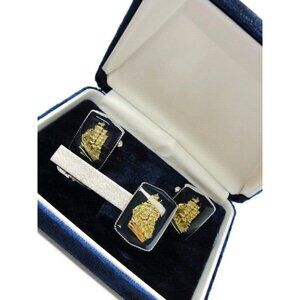 Gold Tone Ships Cufflinks & Neck Tie Clip Set Silver Tone Formal IOB Vintage